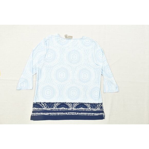 Chico's Women's Blue & White Geometric Tunic Top Size 3 V Neck 3/4 Sleeves - Picture 2 of 8